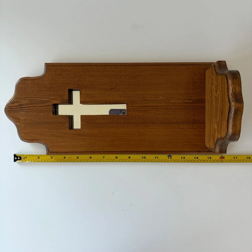 Vintage Wooden Wall Sconce Shelf Mirrored Cross Cutout Religious Decor 16 inch